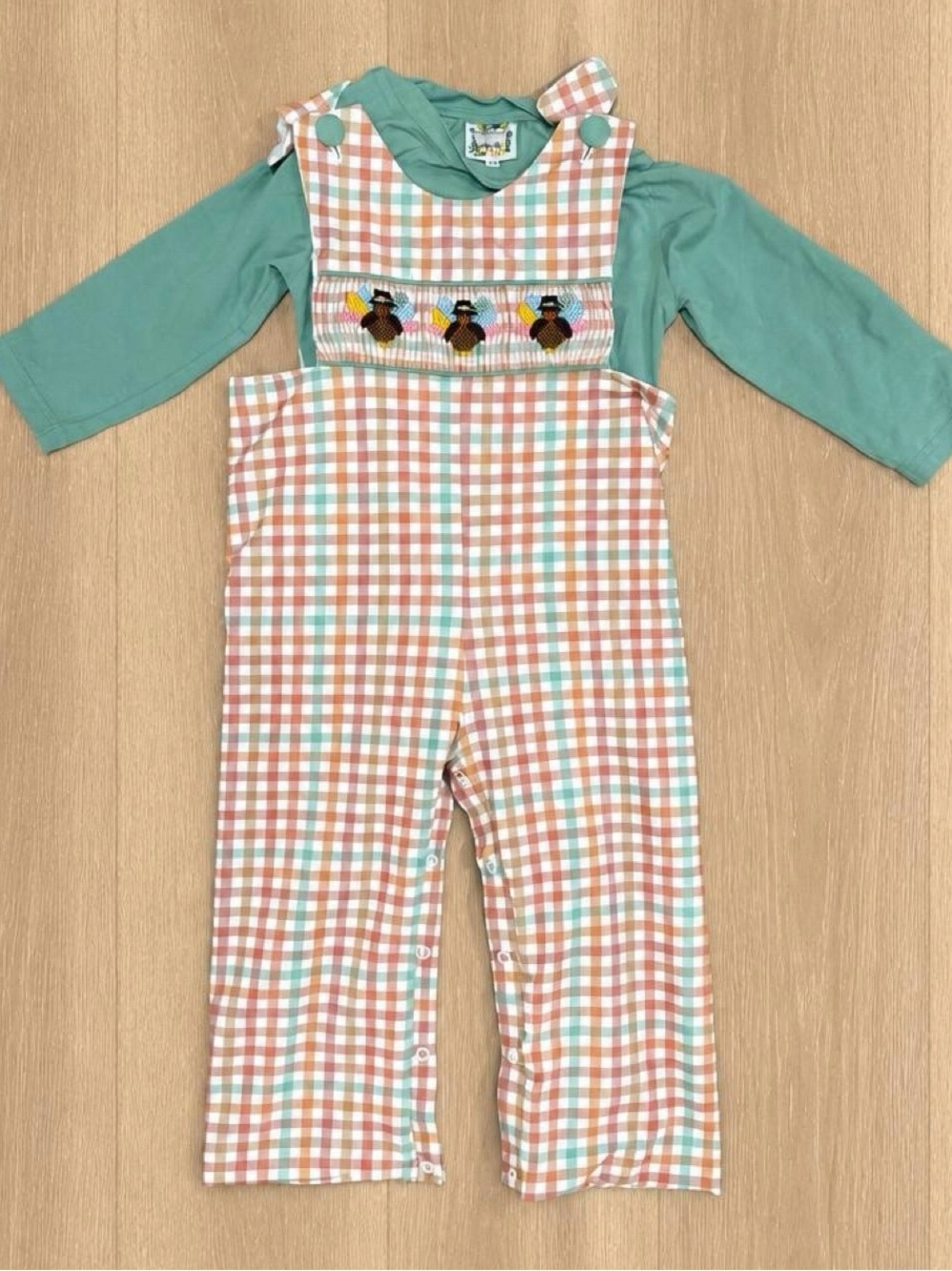 Saving Grace Smocks Thanksgiving Turkey Smocked Plaid Overalls Set 3T